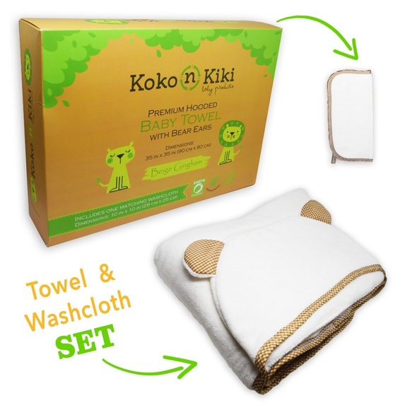 🐣PREMIUM Baby Hooded Towel & Washcloth Set -Beige - Picture 2 of 8